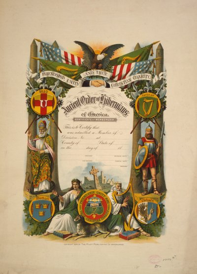 Certificado de filiação na Antiga Ordem dos Hibernianos da América, c.1894 (litografia a cores) de American School
