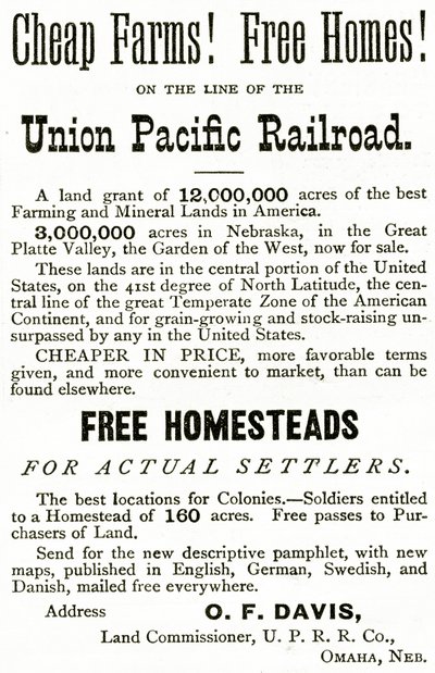 Farmácias baratas e casas grátis na linha Union Pacific Railroad, anúncio do Appletons Journal, 4 de maio de 1872 de American School