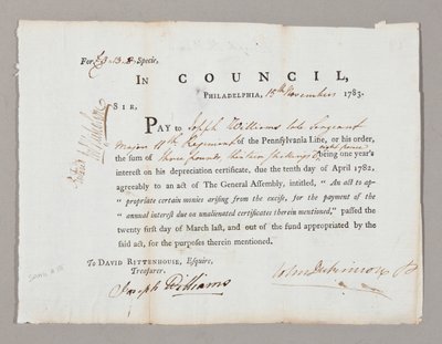 Cheque três libras e treze xelins para Joseph Williams, 13 de novembro de 1783 de American School