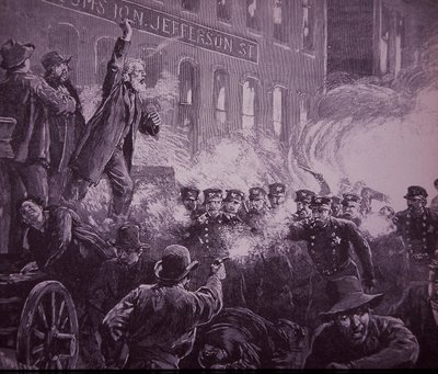 Chicago Haymarket Labor Riot de 1886, gravura publicada no Harper