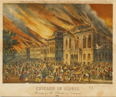 Chicago em Chamas: Queima da Câmara de Comércio (cor litho) de American School