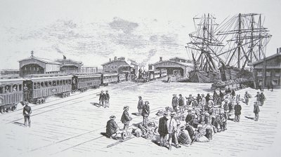 Imigrantes chineses ou "Coolies" chegando em São Francisco para trabalhar na ferrovia transcontinental durante a década de 1860 (litho) de American School