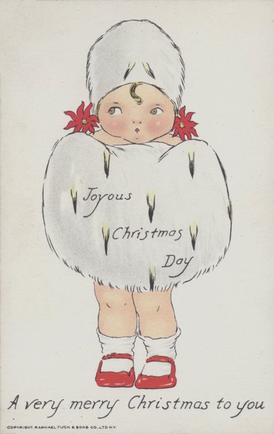 Cartão de felicitações de Natal representando uma criança com um cachecol de pele e um chapéu de Natal. (cromolitho) de American School