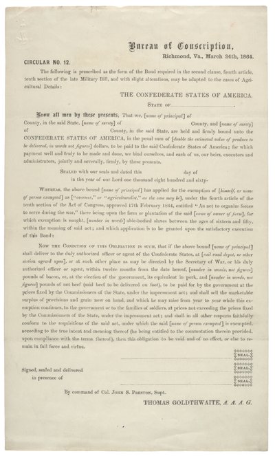 Circular no. 12, um pedido em branco para isenção de serviço no Exército Confederado, 24 de março de 1864 de American School