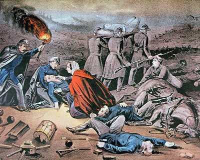 Clara Barton ferida durante a Guerra Civil Americana (cor litho) de American School
