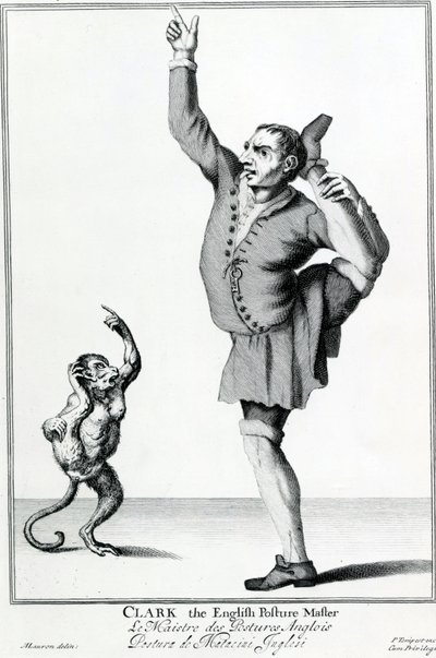 Clark, o Inglês Posture Maker, retirado da série Os Gritos da Cidade de Londres Drawne após a vida, gravura após Marcellus Laroon II, publicado por Pierce Tempest, 1688 de American School