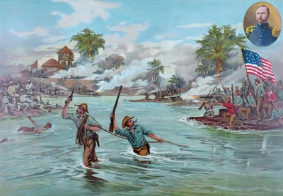 Col. Funston e 20 Voluntários do Kansas que atravessam o rio em Calumpit, 26 de Abril de 1899, pub. 1899 (cor litho) de American School
