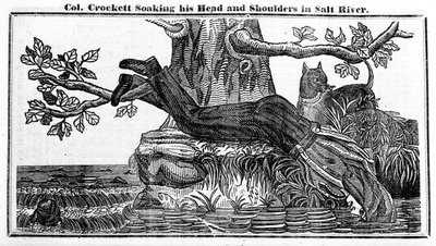 Coronel Davy Crockett encharcando a cabeça e os ombros em Salt River, de Crocketts Almanac, 1837 (papel de jornal) de American School