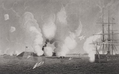 Combate entre o Confederate CSS Virginia (à esquerda) e o Union USS Monitor (centro) em 9 de março de 1862 em Hampton Roads, Virginia (veja 254609 para detalhes) de American School