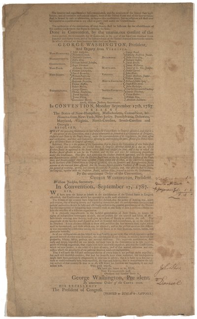 Constituição, primeira impressão, impressa por Dunlap & Claypoole, 17-19 de setembro de 1787 (ver também GLC 695933, GLC 695934 e GLC 695935) de American School