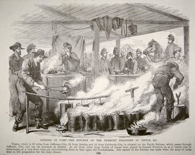 Cozinhar no acampamento - A cozinha dos Fremont Dragoons em Tipton, Missouri (gravura) de American School