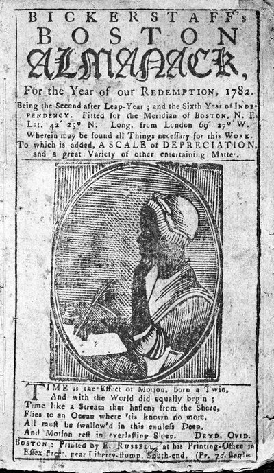 Capa de Bickerstaffs Boston Almanack com um retrato de Phillis Wheatley (1753-1784) publicado em 1782 (impresso) de American School
