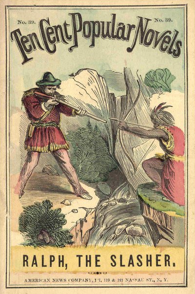 Capa do livro "Dez centavos de romances populares - Ralph, the Slasher", No. 39. American News Company. Um duelo entre índios e brancos. Sd em chamas. Início do século 20. de American School