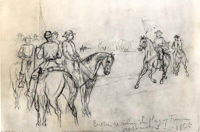 Custer recebendo a bandeira da liberdade, Appomattox, 1865 de American School