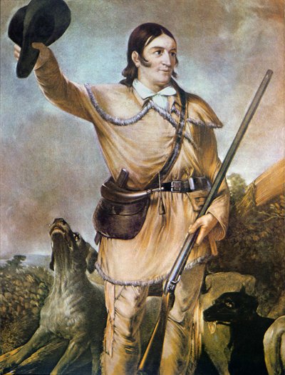 David (Davy) Crockett (1786-1836) com os seus cães de caça em 1836 (cor litho) de American School