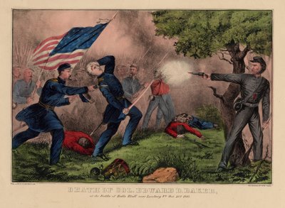 Morte do coronel Edward D. Baker, na batalha de Balls Bluff perto de Leesburg VA, 21 de outubro de 1861, pub. por Currier & Ives, c.1861 de American School