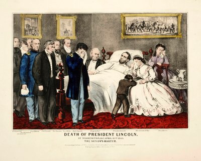 Morte do Presidente Lincoln, em Washington, DC, a 15 de Abril de 1865, pub. Litografia a cores de 1865 de American School