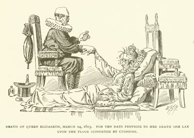 Morte da Rainha Elizabeth, 24 de março de 1603, Durante dez dias antes de sua morte, ela se deitou no chão apoiada por Almofadas de American School