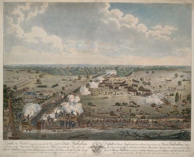 Derrota do Exército Britânico (Batalha de Nova Orleans), pub. 1815 (gravura colorida à mão) de American School