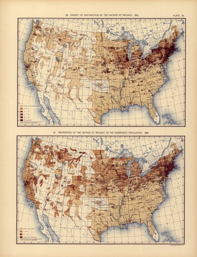 Densidade de distribuição dos nativos da Irlanda e sua proporção em relação à população agregada, 1898 de American School