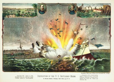 Destruição do navio de guerra dos EUA Maine em Havana Harbor 15 de fevereiro de 1898, pub.1898 de American School