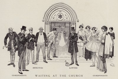 Detectives, advogados e correspondentes à espera do fim de um casamento na igreja (litografia) de American School