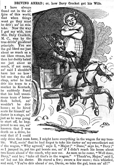 Dirigindo adiante, ou como Davy Crocket obteve sua esposa, do almanaque de Crocketts para 1856, publicado em Nova York, 1855 de American School