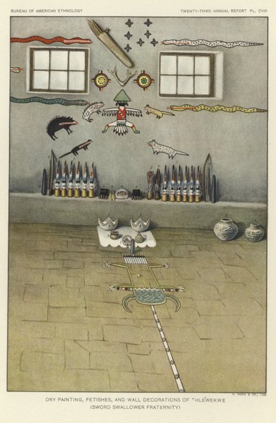 Pinturas secas, fetiches e decorações murais de Thlewekwe (fraternidade dos engolidores de espadas) (litografia a cores) de American School