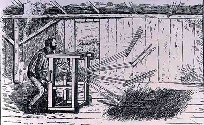 Primeiras tentativas de máquinas de debulhar, ilustração de The Growth of Industrial Art, 1892, de The Pageant of America, Vol.3, por Ralph Henry Gabriel, 1926 de American School