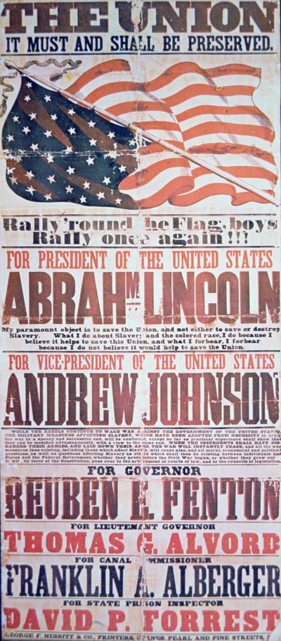 Cartaz da campanha eleitoral para Abraham Lincoln (1809-65) para Presidente e Andrew Johnson (1808-75) para Vice-Presidente de American School