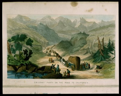 Emigrante Partido na estrada para a Califórnia em 1596, ilustração da Califórnia, sua história passada, sua posição atual, suas perspectivas futuras por GA Fleming, 1850 de American School