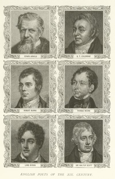 Poetas ingleses do século XIX, Edwin Arnold, ST Coleridge, Robert Burns, Thomas Moore, Lorde Byron, Sir Walter Scott de American School