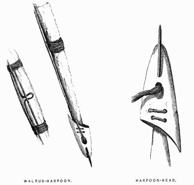 Ferramentas de Caça ao esquimó: Arpões - Elisha Kent Kane, Exlorations in the Years 1853-1855, vol. 1, p. 412, Philadelphia de American School