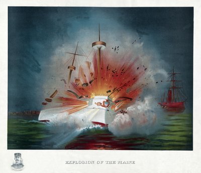 Explosão do Maine, pub. 1898 (litografia a cores) de American School