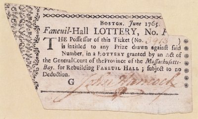 Bilhete de loteria Faneuil-Hall, assinado por John Hancock (1737-93) 1765 (tinta no papel) de American School