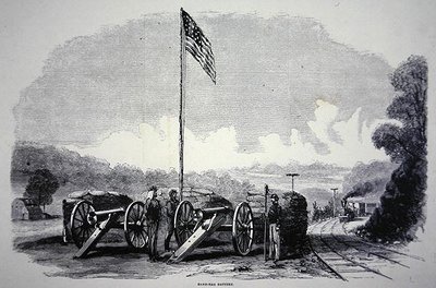 Bateria federal de saco de areia para proteger a ferrovia durante a Guerra Civil Americana (1861-65) (litho) de American School