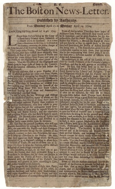 Primeira edição do Boston News-Letter, 1704 (papel de jornal) de American School