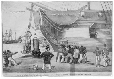Consertando uma cabeça de bloco para a Constituição, ou, Colocando uma verruga no nariz do velho Ironsides, c.1832 de American School