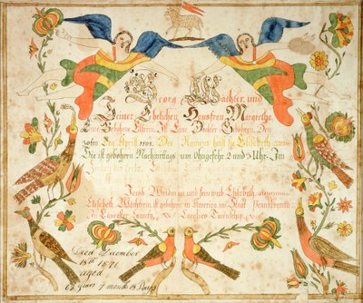 Fraktur para a certidão de nascimento e de batismo de Elizabeth Wachter (1808-71) 1808 (tinta e aguarela sobre papel) de American School
