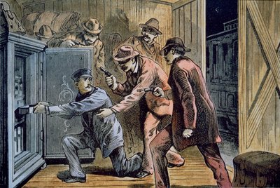 Frank e Jesse James Gang roubam o vagão expresso de um trem em 1879 (cor litho) de American School