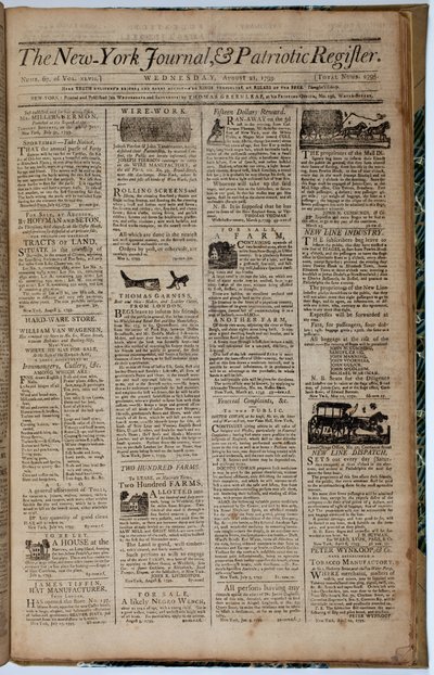 Primeira página do New York Journal e Patriot Register, 21 de agosto de 1793 de American School