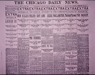 Primeira página do The Chicago Daily News reportando o Chicago Haymarket Labor Riot, 5 de Maio de 1886 (papel de jornal) de American School