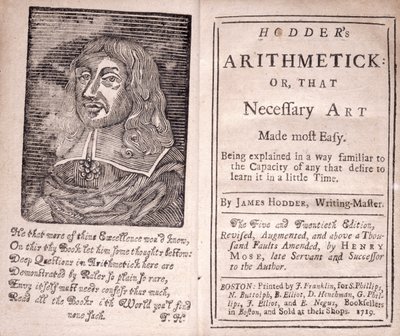 Frontispício e título para Arthimetick de Hodders ou, que a arte necessária mais fácil, por James Hodder, 1719 de American School