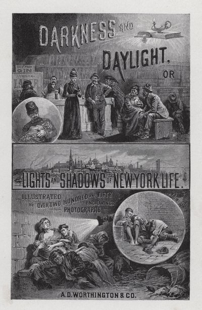 Frontispício para as Trevas e a Luz do Dia, ou Luzes e Sombras da Vida de Nova Iorque pela Sra. Helen Campbell (litho) de American School