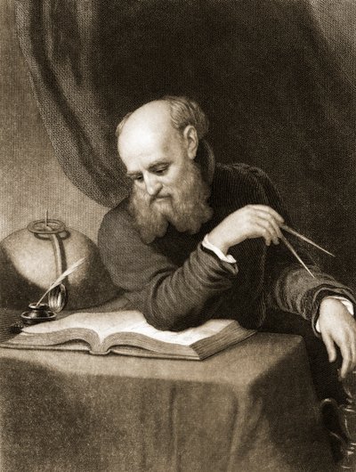Galileu com bússola e diagramas, c.1880 (gravura) de American School