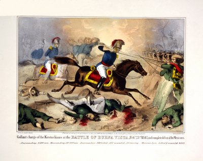 Ataque galante dos Kentuckianos na batalha de Buena Vista, 23 de fevereiro de 1847 e derrota completa dos mexicanos. 23 de fevereiro de 1847 e derrota completa dos mexicanos, pub. 1847 (litografia colorida à mão) de American School