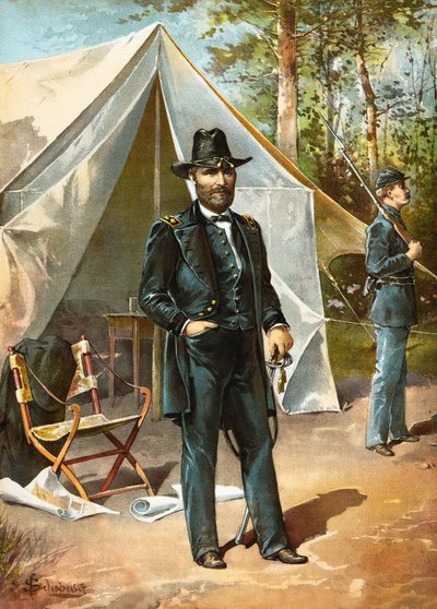 General Ulysees S Grant que está na frente de sua barraca durante a guerra civil americana, bar. 1892 de American School