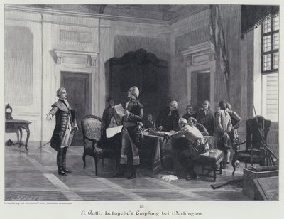 George Washington dá as boas-vindas ao Marquês de Lafayette (gravura) de American School