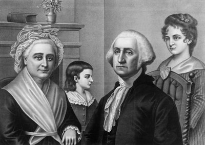 George Washington com sua esposa Martha Washington e seus filhos em Mount Vernon. Gravado por volta de 1880. de American School