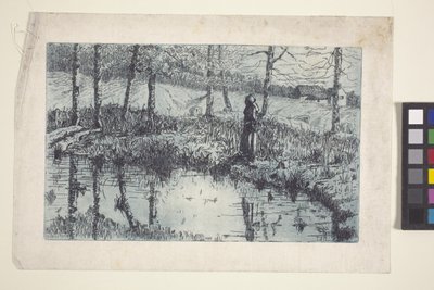 Girl By Pond (gravura e tom de prato impresso em azul) de American School